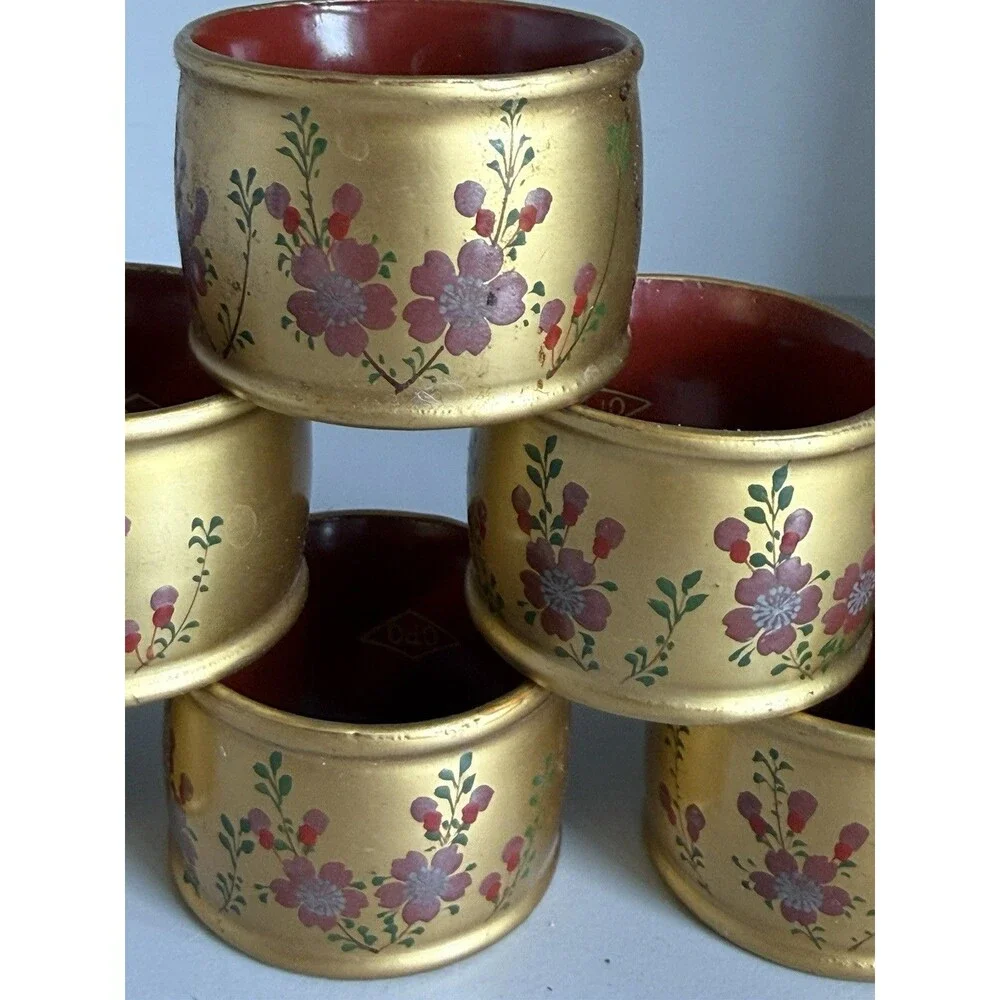 6 Vintage Made in Occupied Japan Golden Lacquered Hand Painted Napkin Holders